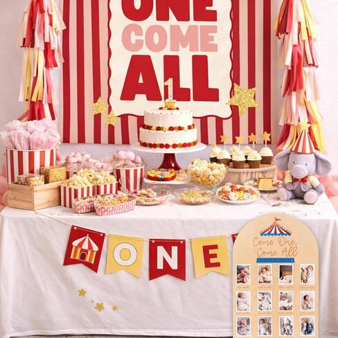 Wooden Carnival-Themed 1st Birthday Photo Board | Come One Come Aee 12-Month Growth Photo Frame, Perfect for Boys' and Girls' 1st Birthday Decorations, Wooden Frame in Kuwait