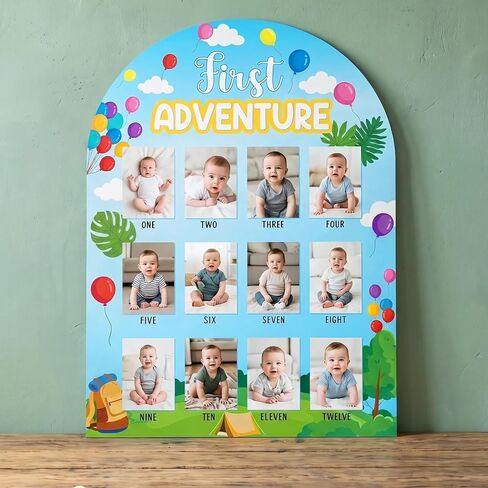 Capoda First Year Photo Board 16.1 x 11.8 inch - Fit 2 x 3 inch Picture, 12 Monthly Milestone Wooden Picture Frame Sign for Boys Jungle Adventure 1st Birthday Decorations One Year Old Keepsake Gifts in Kuwait