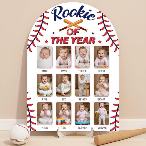 Wenqik Baseball My First Year Photo Board 12 Months Wooden Picture Frame Milestone Photo Board Rookie of The Year First Birthday Decoration for 1st Birthday Decor Baby Keepsake Gift, Fits 2" x 3" in Kuwait