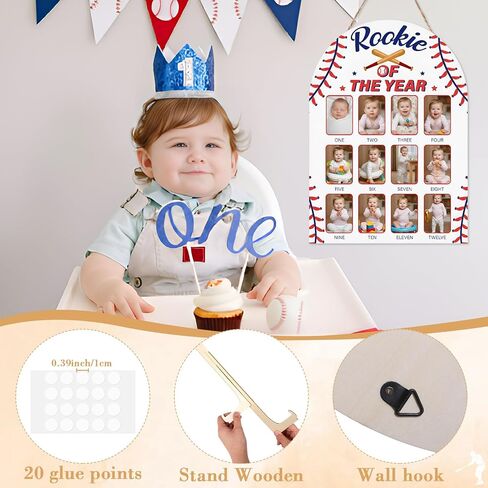 Wenqik Baseball My First Year Photo Board 12 Months Wooden Picture Frame Milestone Photo Board Rookie of The Year First Birthday Decoration for 1st Birthday Decor Baby Keepsake Gift, Fits 2" x 3" in Kuwait