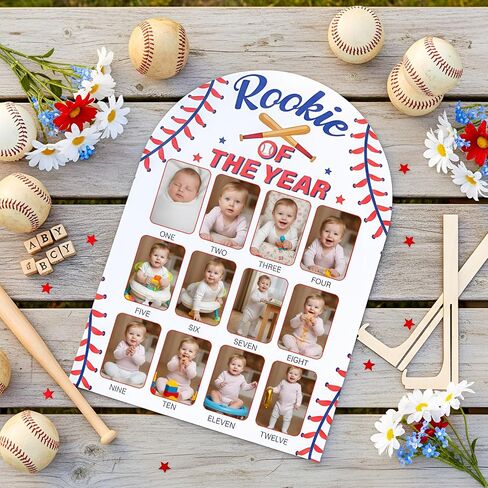 Wenqik Baseball My First Year Photo Board 12 Months Wooden Picture Frame Milestone Photo Board Rookie of The Year First Birthday Decoration for 1st Birthday Decor Baby Keepsake Gift, Fits 2" x 3" in Kuwait