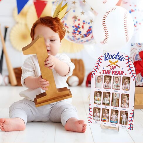 Wenqik Baseball My First Year Photo Board 12 Months Wooden Picture Frame Milestone Photo Board Rookie of The Year First Birthday Decoration for 1st Birthday Decor Baby Keepsake Gift, Fits 2" x 3" in Kuwait