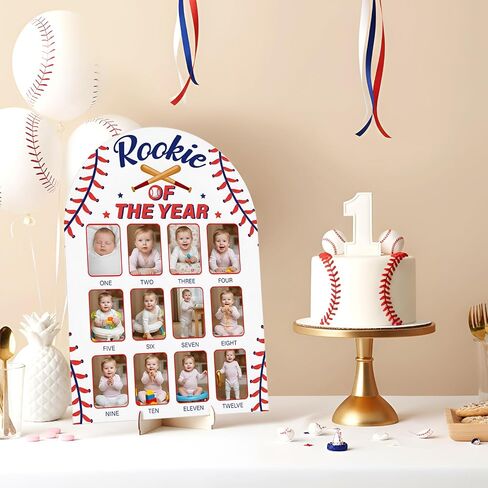 Wenqik Baseball My First Year Photo Board 12 Months Wooden Picture Frame Milestone Photo Board Rookie of The Year First Birthday Decoration for 1st Birthday Decor Baby Keepsake Gift, Fits 2" x 3" in Kuwait