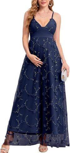 CYCLAMEN Spaghetti Strap 3D Floral Maternity Maxi Dress V Neck Tulle A-Line Pregnancy Gown for Baby Shower Wedding Party in Kuwait