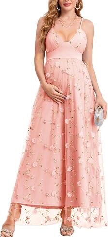 CYCLAMEN Spaghetti Strap 3D Floral Maternity Maxi Dress V Neck Tulle A-Line Pregnancy Gown for Baby Shower Wedding Party in Kuwait