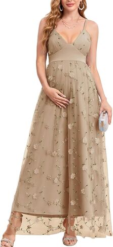 CYCLAMEN Spaghetti Strap 3D Floral Maternity Maxi Dress V Neck Tulle A-Line Pregnancy Gown for Baby Shower Wedding Party in Kuwait