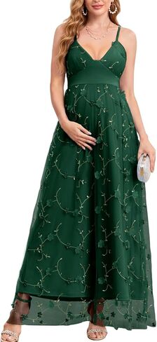 CYCLAMEN Spaghetti Strap 3D Floral Maternity Maxi Dress V Neck Tulle A-Line Pregnancy Gown for Baby Shower Wedding Party in Kuwait