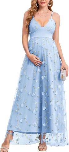 CYCLAMEN Spaghetti Strap 3D Floral Maternity Maxi Dress V Neck Tulle A-Line Pregnancy Gown for Baby Shower Wedding Party in Kuwait