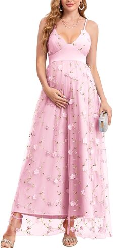 CYCLAMEN Spaghetti Strap 3D Floral Maternity Maxi Dress V Neck Tulle A-Line Pregnancy Gown for Baby Shower Wedding Party in Kuwait