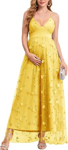CYCLAMEN Spaghetti Strap 3D Floral Maternity Maxi Dress V Neck Tulle A-Line Pregnancy Gown for Baby Shower Wedding Party in Kuwait