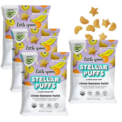 Little Spoon Stellar Puffs, Cinna-Banana Twist Toddler Snack Made with Banana, Cinnamon & Carrot, Portable, Junk-Free Kids Snacks with Hidden Veggie for Lunchboxes & School, 2oz, 4-Pack in Kuwait