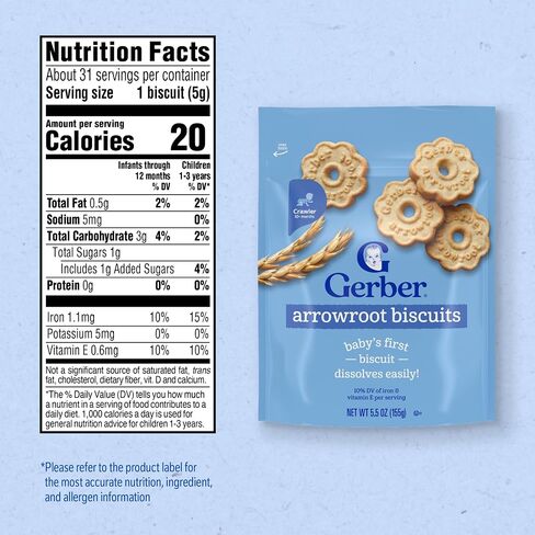 Gerber Arrowroot Biscuits Toddler Snack, 5.5 Oz | Toddler snack; arrowroot biscuits; vitamin E; finger foods; 5.5 oz pouch in Kuwait