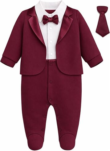 Lilax Baby Boy Gentleman Tuxedo Footie One-piece Outfit with Bow Tie in Kuwait