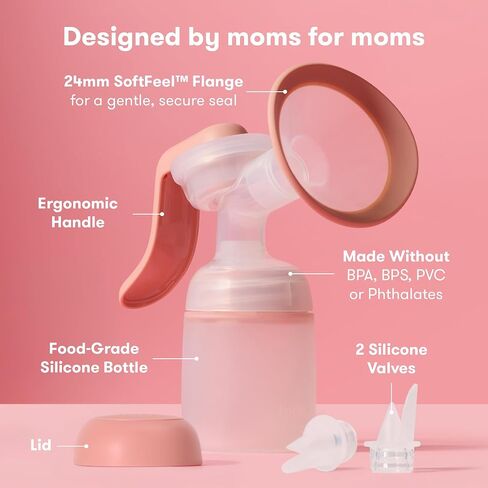 Frida Mom Manual Breast Pump, Portable Hand Breast Pump with SoftFeel Flange, Ergonomic Handle for Comfortable Milk Expression, Breastfeeding Essentials for Nursing Moms in Kuwait