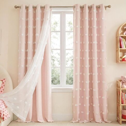 NICETOWN Pure White Pom Pom Curtains, True Blackout Double Layer Sheer Drapes for Nursery & Kids Room, Thermal Insulated Room Darkening Window Treatments, 52 x 63 Inch, 2 Panels in Kuwait