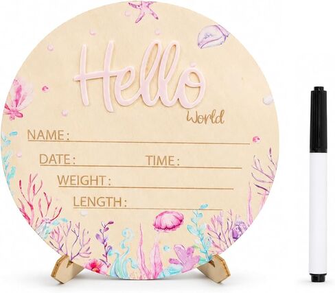 Baby Announcement Sign, Ocean Hello World Newborn Sign with Marker | 5.9 in wooden ocean-theme plaque for hospital photos, nursery shelves, baby showers, and memory boxes (Blue) in Kuwait