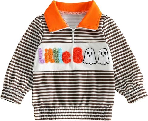 Toddler Baby Halloween Outfit Infant Pumpkin Sweatshirt Fall Set | Little Boy Girl Spooky Pumpkin Striped Embroidered Zip-up Mock Neck Long Sleeve Pullover Tops Kids Autumn Winter Clothes in Kuwait