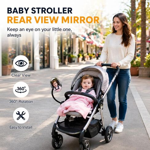 Stroller Rearview Mirror Allows you to see your baby's face while pushing the stroller Easy to attach Stroller accessory featuring a clear view and 360° rotation in Kuwait