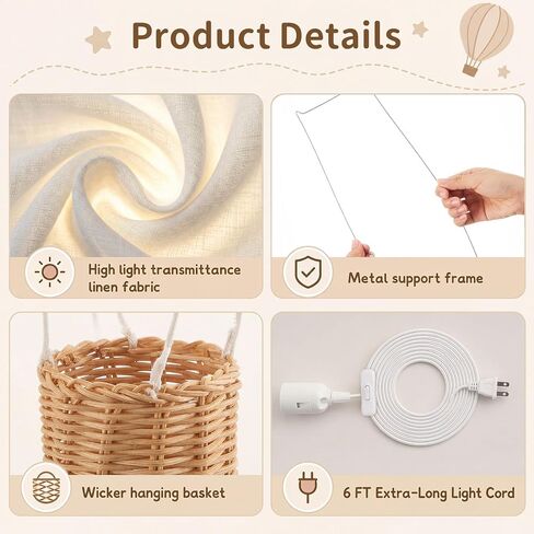Baquler Linen Hot Air Balloon Plug in Pendant Light Cover for Nursery Decor | 14" x 21.5" Decorative Lamp Shade with 20ft Cord Switch & E26/E27 Socket for Kids Room Hanging Decor, Bulb Not Included in Kuwait