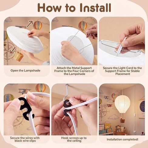 Baquler Linen Hot Air Balloon Plug in Pendant Light Cover for Nursery Decor | 14" x 21.5" Decorative Lamp Shade with 20ft Cord Switch & E26/E27 Socket for Kids Room Hanging Decor, Bulb Not Included in Kuwait