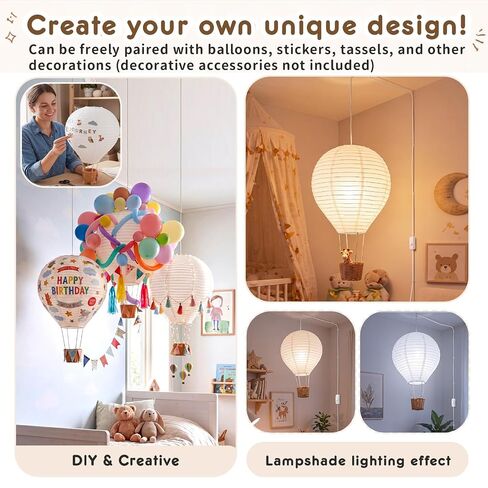 Baquler Linen Hot Air Balloon Plug in Pendant Light Cover for Nursery Decor | 14" x 21.5" Decorative Lamp Shade with 20ft Cord Switch & E26/E27 Socket for Kids Room Hanging Decor, Bulb Not Included in Kuwait