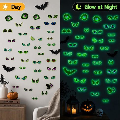 Glow in The Dark Halloween Decorations Glowing Eyes Halloween Stickers | 23 Pairs Waterproof Luminous Spooky Green Monster Eye Wall Decals for Scary Party Window Car Outdoor Light Up in Kuwait