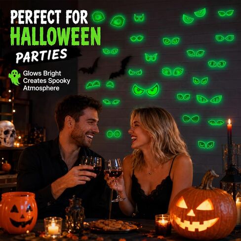 Glow in The Dark Halloween Decorations Glowing Eyes Halloween Stickers | 23 Pairs Waterproof Luminous Spooky Green Monster Eye Wall Decals for Scary Party Window Car Outdoor Light Up in Kuwait