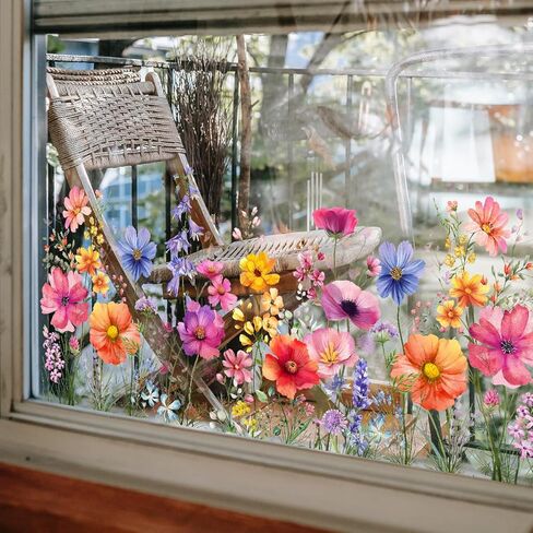 Colorful Floral Bouquet Window Sticker, Reusable Removable Static Floral Window Decals for Home Office Decor (Colorful) in Kuwait