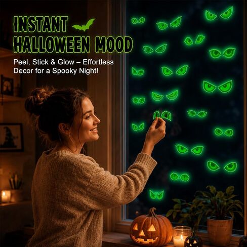 Glow in The Dark Halloween Decorations Glowing Eyes Halloween Stickers | 23 Pairs Waterproof Luminous Spooky Green Monster Eye Wall Decals for Scary Party Window Car Outdoor Light Up in Kuwait