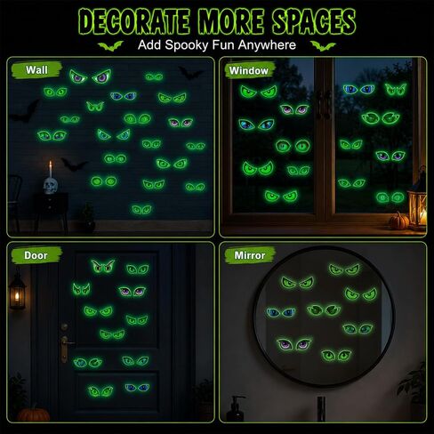 Glow in The Dark Halloween Decorations Glowing Eyes Halloween Stickers | 23 Pairs Waterproof Luminous Spooky Green Monster Eye Wall Decals for Scary Party Window Car Outdoor Light Up in Kuwait