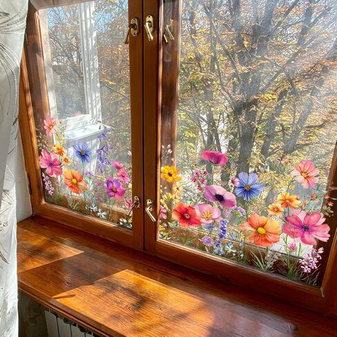Colorful Floral Bouquet Window Sticker, Reusable Removable Static Floral Window Decals for Home Office Decor (Colorful) in Kuwait