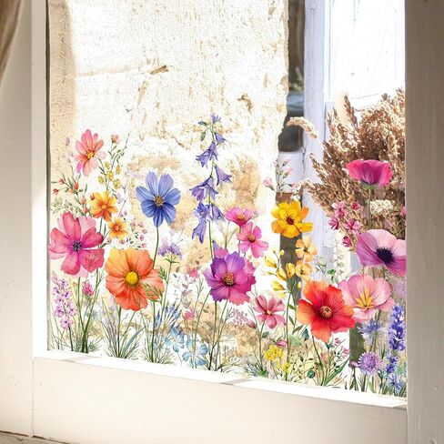 Colorful Floral Bouquet Window Sticker, Reusable Removable Static Floral Window Decals for Home Office Decor (Colorful) in Kuwait