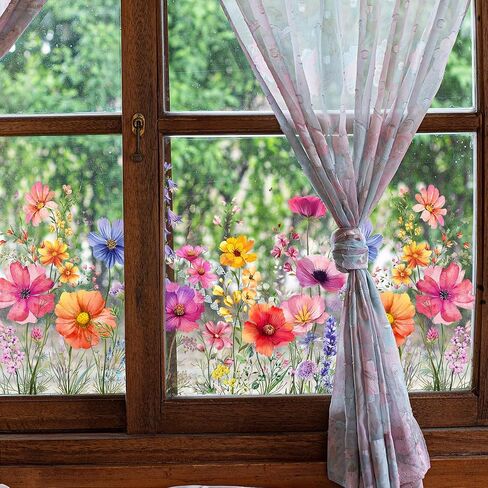 Colorful Floral Bouquet Window Sticker, Reusable Removable Static Floral Window Decals for Home Office Decor (Colorful) in Kuwait