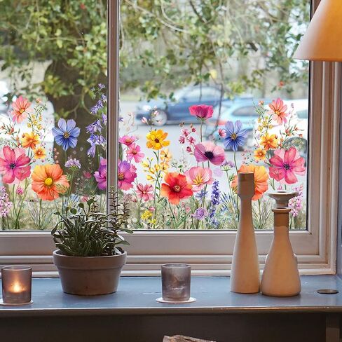 Colorful Floral Bouquet Window Sticker, Reusable Removable Static Floral Window Decals for Home Office Decor (Colorful) in Kuwait
