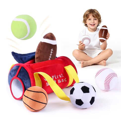 My First Sports Bag,Baby Sports Toys,Infant boy Toys with 5pcs Sensory Balls – Basketball, Football, Baseball, Soccer,Tennis, Rattle Toy for 0-3 6 9 12 Month Girl, Newborn Shower 1st Birthday Gifts in Kuwait