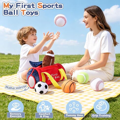 My First Sports Bag,Baby Sports Toys,Infant boy Toys with 5pcs Sensory Balls – Basketball, Football, Baseball, Soccer,Tennis, Rattle Toy for 0-3 6 9 12 Month Girl, Newborn Shower 1st Birthday Gifts in Kuwait