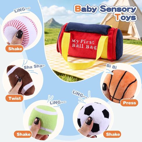 My First Sports Bag,Baby Sports Toys,Infant boy Toys with 5pcs Sensory Balls – Basketball, Football, Baseball, Soccer,Tennis, Rattle Toy for 0-3 6 9 12 Month Girl, Newborn Shower 1st Birthday Gifts in Kuwait