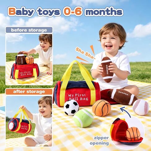 My First Sports Bag,Baby Sports Toys,Infant boy Toys with 5pcs Sensory Balls – Basketball, Football, Baseball, Soccer,Tennis, Rattle Toy for 0-3 6 9 12 Month Girl, Newborn Shower 1st Birthday Gifts in Kuwait