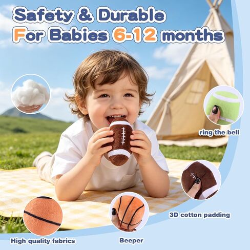 My First Sports Bag,Baby Sports Toys,Infant boy Toys with 5pcs Sensory Balls – Basketball, Football, Baseball, Soccer,Tennis, Rattle Toy for 0-3 6 9 12 Month Girl, Newborn Shower 1st Birthday Gifts in Kuwait