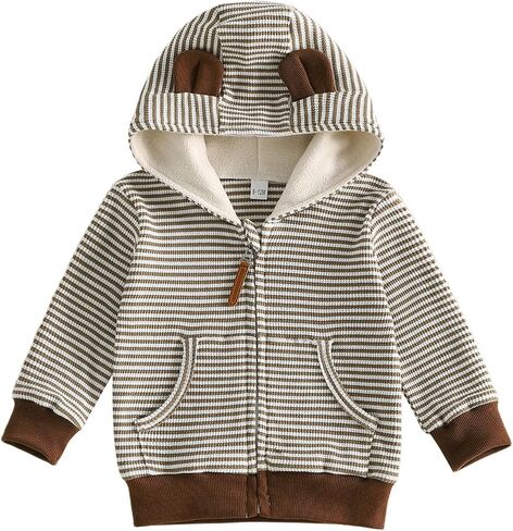 Toddler Baby Boy Fall Winter Zipper Jacket Long Sleeve Striped Waffle Knit Bear Hoodie Sweatshirt Outwear Coat in Kuwait