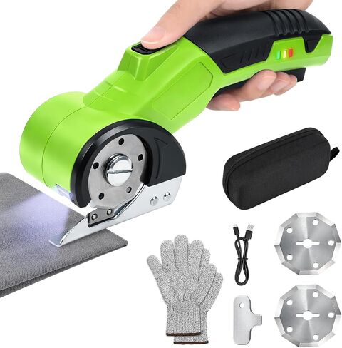 Qidejoy Cordless Cardboard Cutter Electric Scissors, Heavy Duty High-speed Rotary Box Cutter Tools for Fabric, Carpet, Paper, with 2 Blades & Gloves, 4.2V Rechargeable Battery, LED Light, Green in Kuwait