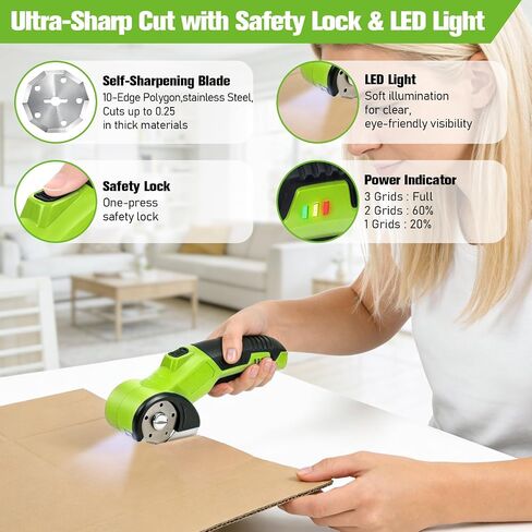 Qidejoy Cordless Cardboard Cutter Electric Scissors, Heavy Duty High-speed Rotary Box Cutter Tools for Fabric, Carpet, Paper, with 2 Blades & Gloves, 4.2V Rechargeable Battery, LED Light, Green in Kuwait