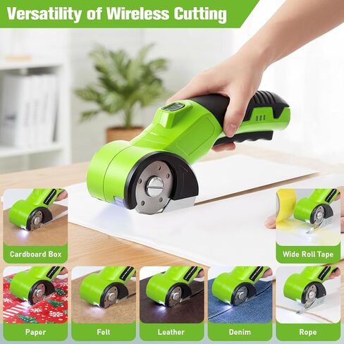 Qidejoy Cordless Cardboard Cutter Electric Scissors, Heavy Duty High-speed Rotary Box Cutter Tools for Fabric, Carpet, Paper, with 2 Blades & Gloves, 4.2V Rechargeable Battery, LED Light, Green in Kuwait