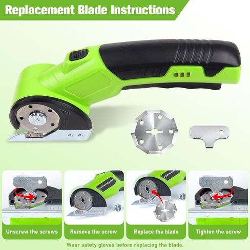 Qidejoy Cordless Cardboard Cutter Electric Scissors, Heavy Duty High-speed Rotary Box Cutter Tools for Fabric, Carpet, Paper, with 2 Blades & Gloves, 4.2V Rechargeable Battery, LED Light, Green in Kuwait