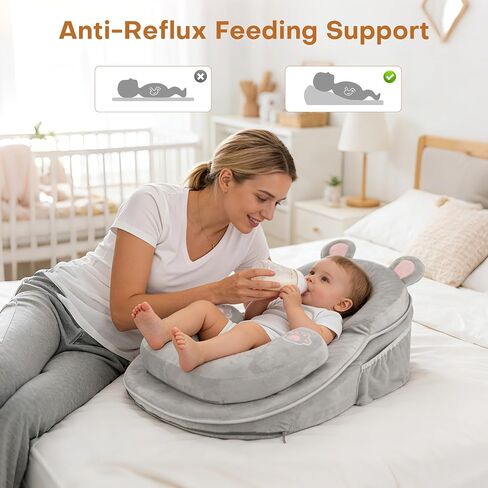 WARMHONIU Baby Feeding Pillow, Anti-Reflux Breastfeeding Infant Lounger & Tummy Time Pillow for Reducing Spit-Up, 25.2" L x 17.7" W, Detachable Cover with Handle & Storage Bag in Kuwait