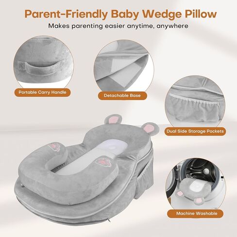WARMHONIU Baby Feeding Pillow, Anti-Reflux Breastfeeding Infant Lounger & Tummy Time Pillow for Reducing Spit-Up, 25.2" L x 17.7" W, Detachable Cover with Handle & Storage Bag in Kuwait