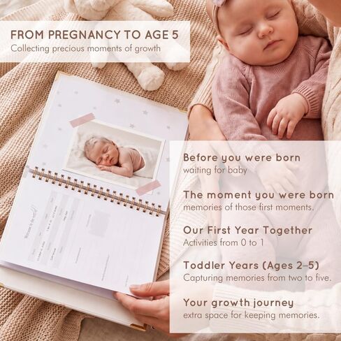 Molekaus Baby Book Keepsake for Baby Girls and Boys - Timeless First 5 Year Baby Scrapbook - Every Event from Birth to Age 5 - Gender Neutral Baby Photo Albums Gifts, 136 Pages (Bear Beige) in Kuwait