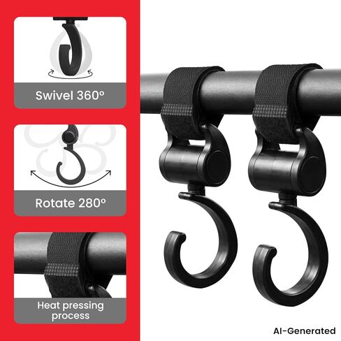 2 Pcs Walker Stroller Hooks - Open Stroller Clip with 360°-Swivel Neck & Extra Strong Strap, Baby Travel Essential, Easy Universal Walker Rollator Wheelchair Shopping Cart Pushchair, Black in Saudi Arabia