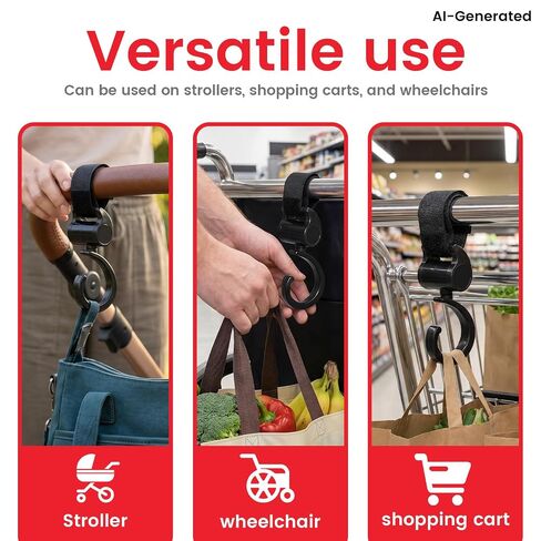 2 Pcs Walker Stroller Hooks - Open Stroller Clip with 360°-Swivel Neck & Extra Strong Strap, Baby Travel Essential, Easy Universal Walker Rollator Wheelchair Shopping Cart Pushchair, Black in Saudi Arabia