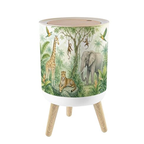 Small Trash Can with Lid Kids Jungle Animals Nursery Tropical Animals Baby Wall Art 1.8 Gallon/7L Garbage Can Waste Bin with Press Top Lid Legs Waste Basket for Bathroom Kitchen Bedroom in Kuwait